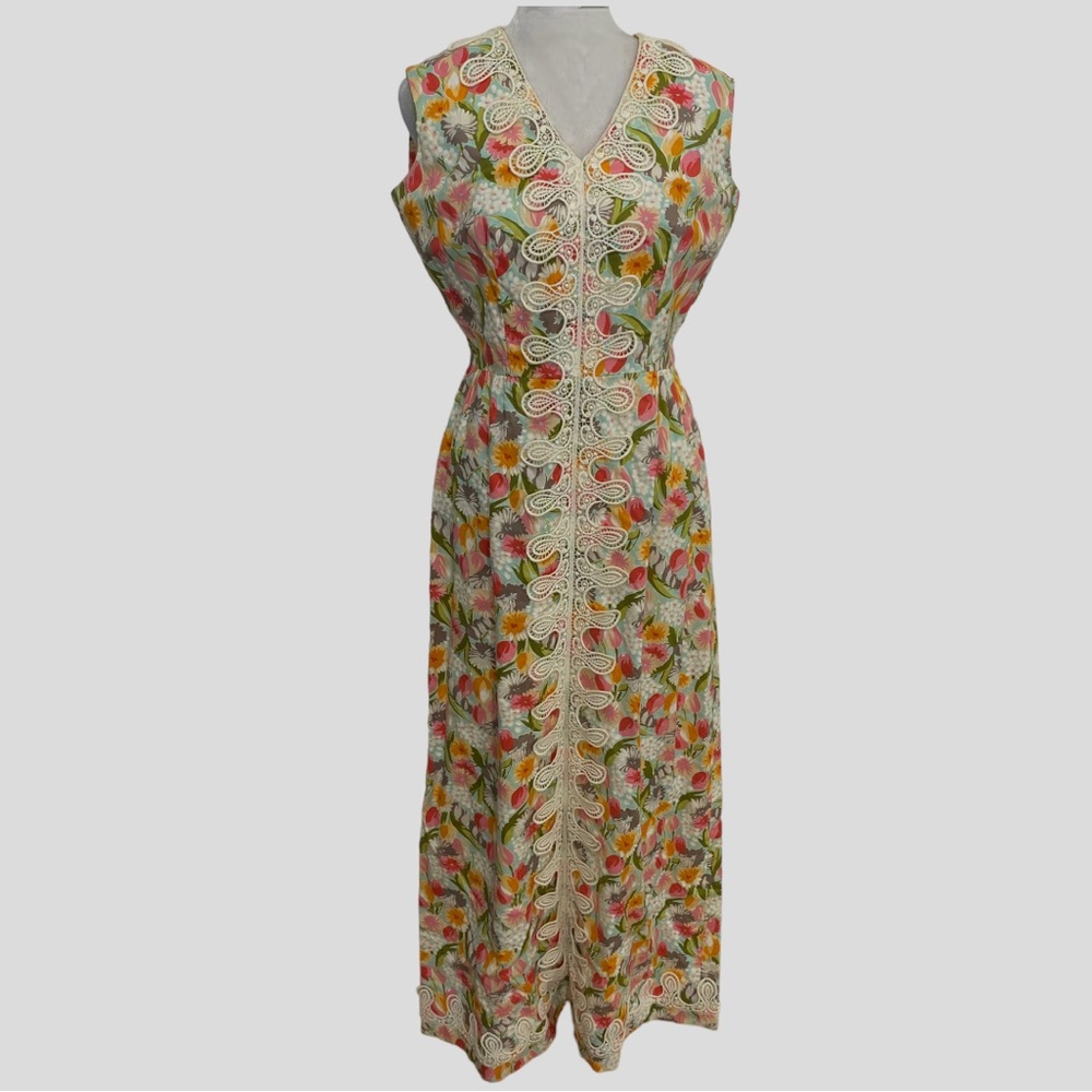 Vintage 60s Multicolor Floral Appliqué Maxi Dress Small - Picture 7 of 7